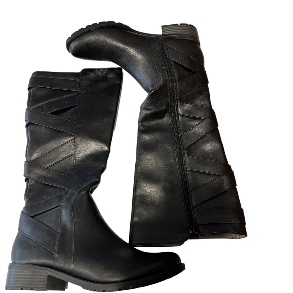 i Comfort Charline Black Faux Leather
Strappy Knee High Zip Up Boots Siz…